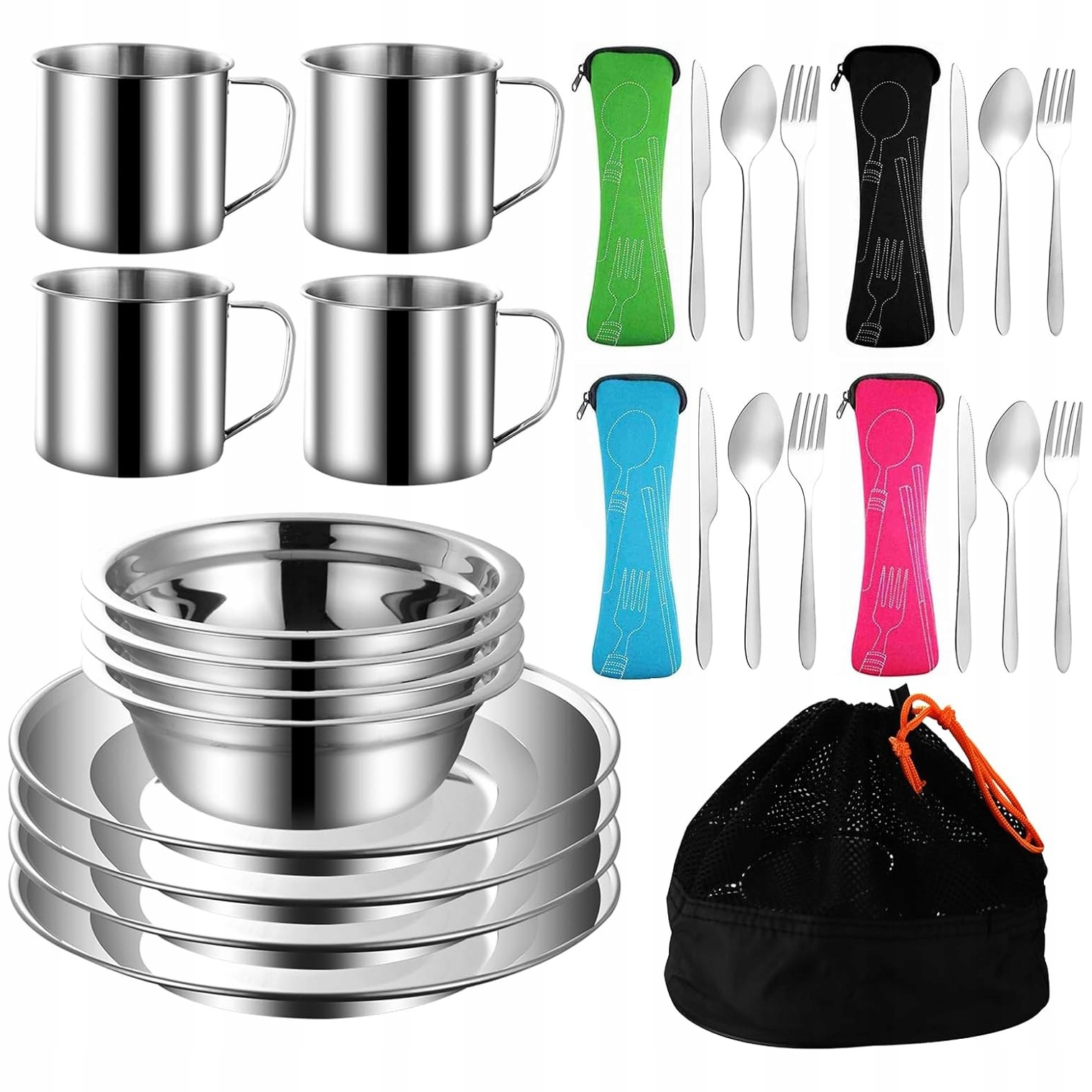 Sada turistického nádobí a ocelových příborů misky, talíře, hrnky 29 ks.