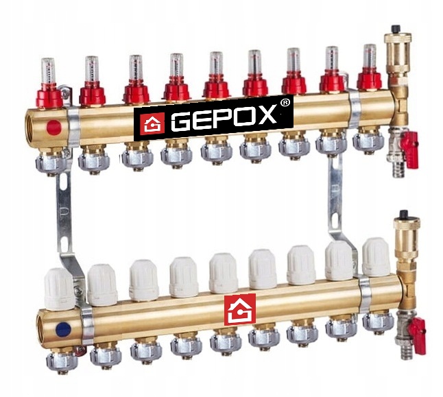 Rozdělovač pro podlahu 9 okruhů Gepox mosazný pro podlahové vytápění