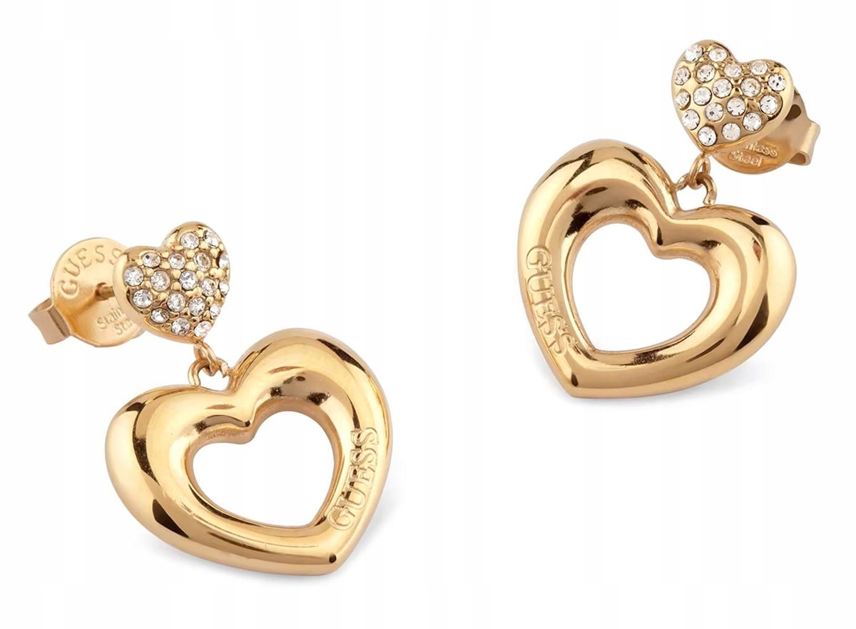 Guess Crazy In Love Ocelové Zlaté Náušnice S Křišťály Srdce JUBE05209JWYGT