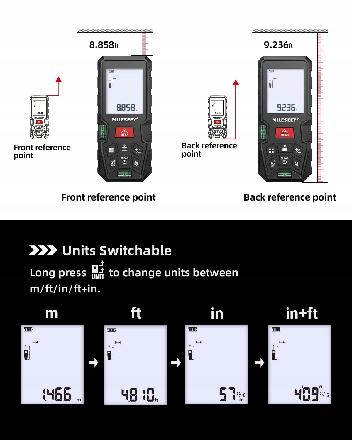 MILESEEY Dalmierz Laserowy 100m LCD IP54 Dokładność 2mm Pomiar Powierzchni — miniatura 6