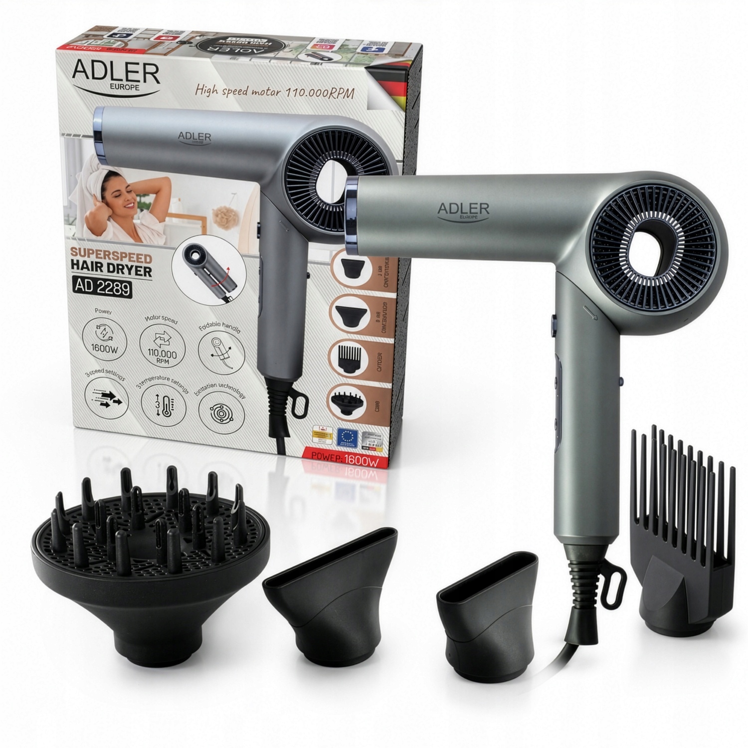 Adler Ad 2289 Fén Superspeed bezkartáčový motor ionizace 4 nástavce