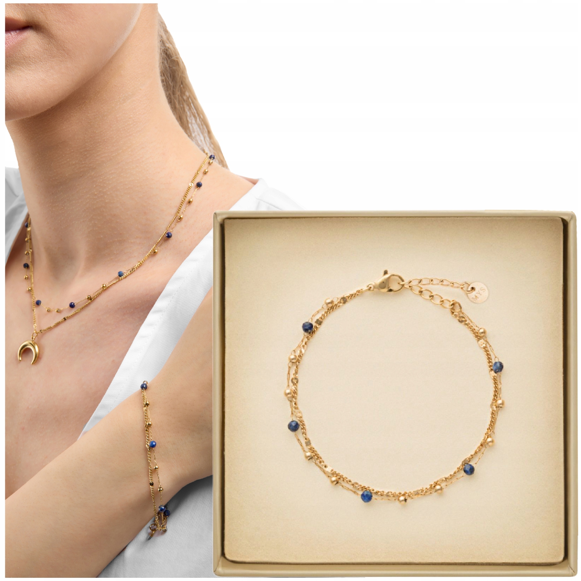 Bransoletka pozłacana podwójna z naturalnymi kamieniami lapis lazuli Mys