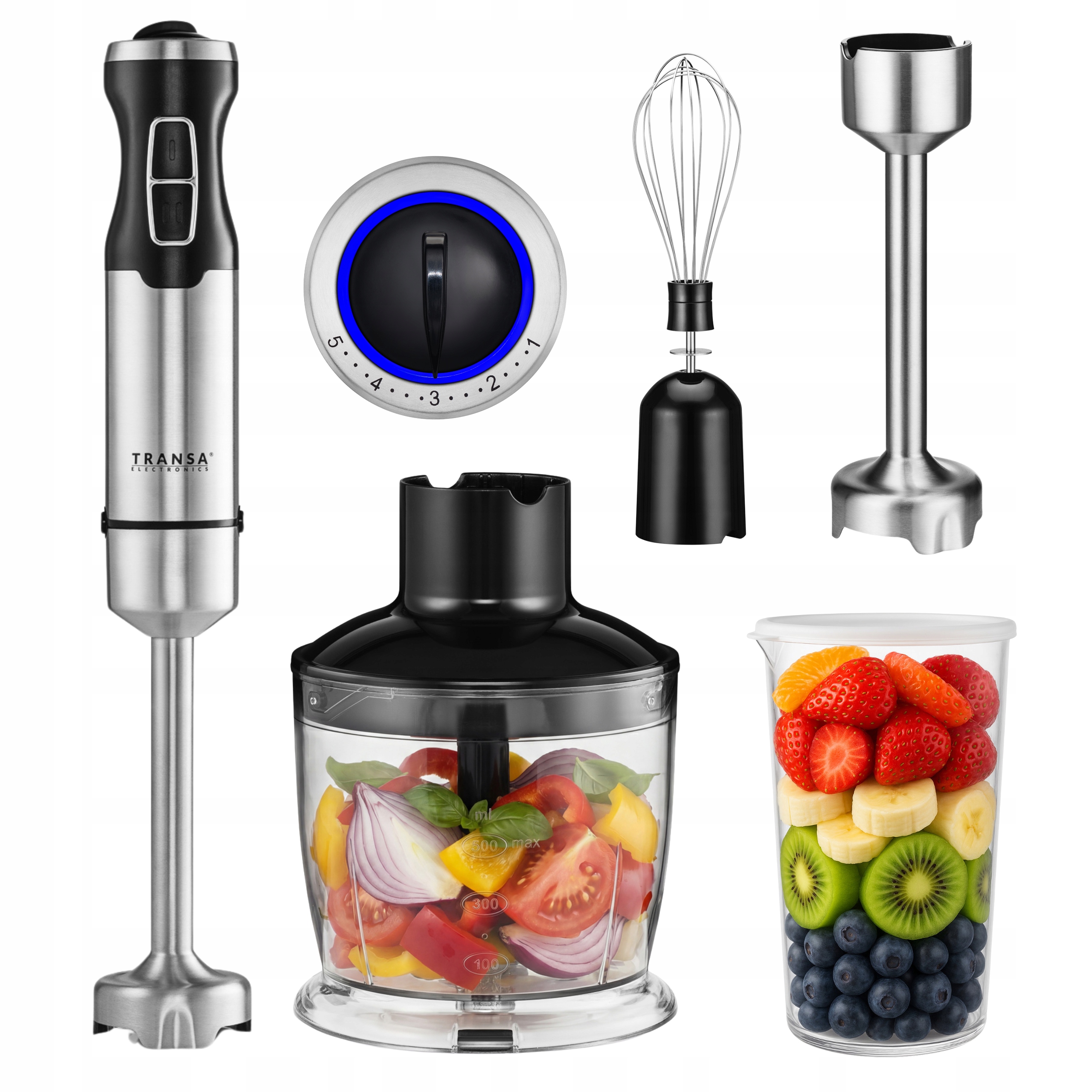 Blender Ręczny Wielofunkcyjny 5 Poziomów Tryb Turbo Zestaw 3w1 Mocny 1500W