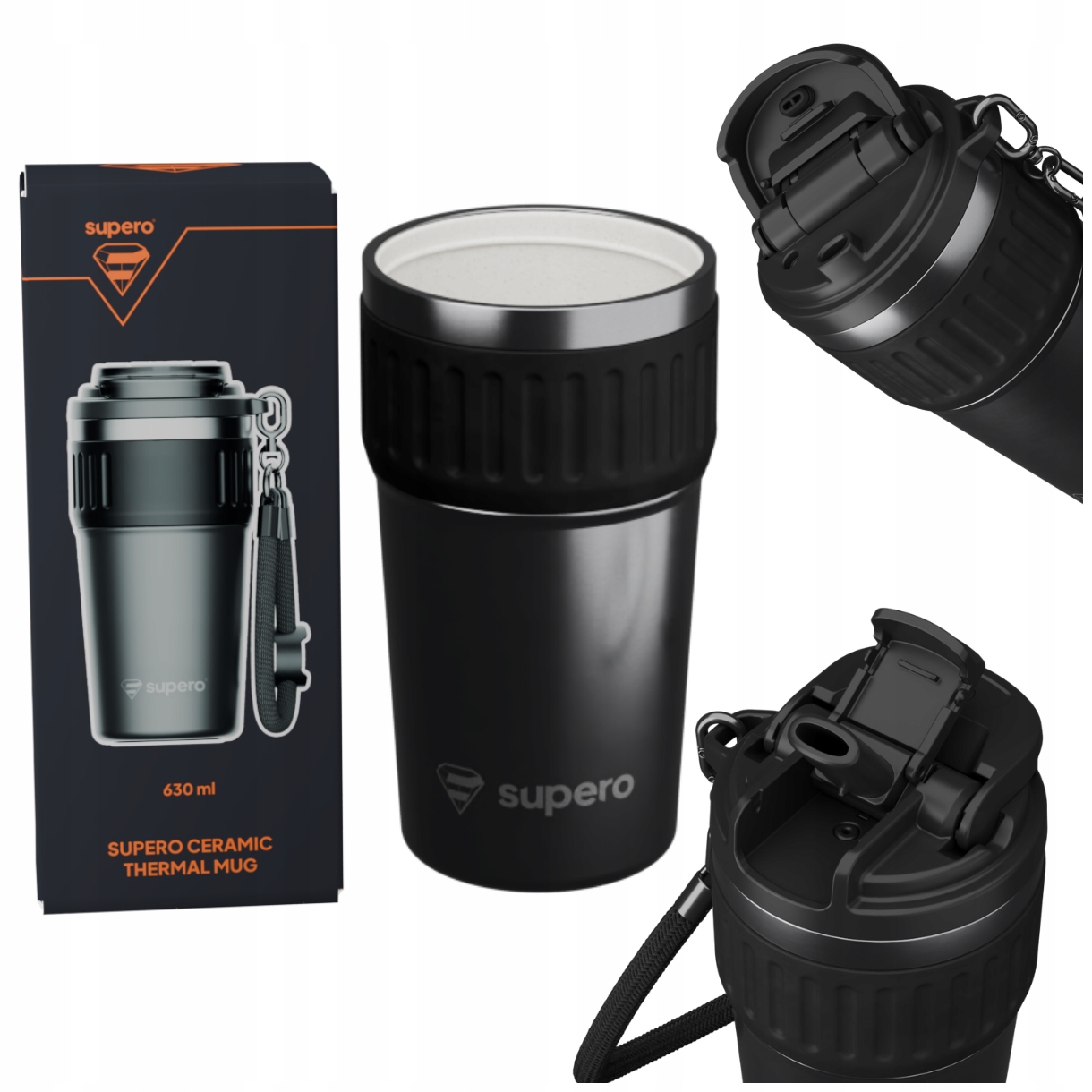 Kubek termiczny ze słomką i ustnikiem ceramiczny na kawe do samochodu 630ml