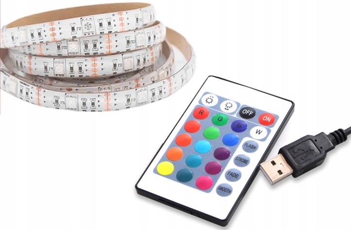 TAŚMA LED RGB USB Z PILOTEM 3M PODŚWIETLENIE TV REGULACJA JASNOŚC KOLORY 3m Kod producenta rgb30usb5v3m