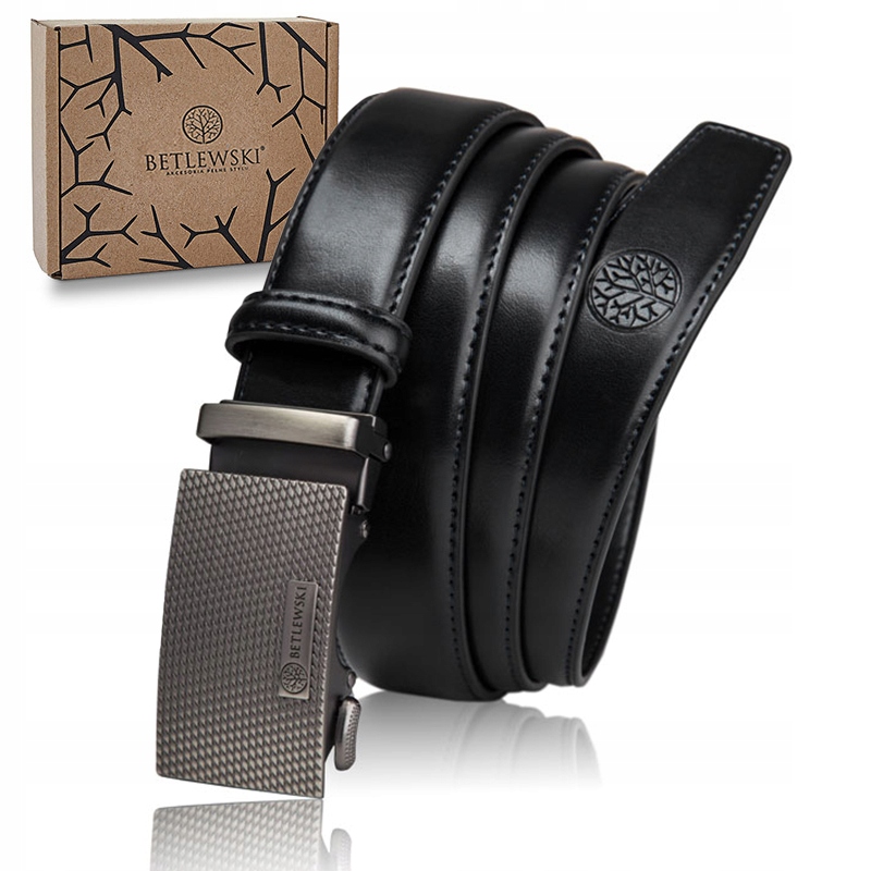 BETLEWSKI pasek skórzany męski automat klamra pas czarny spodnie garnitur