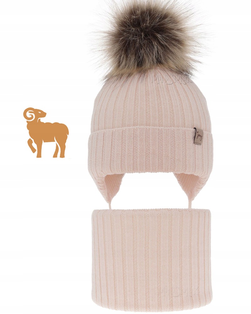 Różowy Ciepł komplet zimowy Czapka wiązana Komin 52-54 Wełna Merino 3-8lat