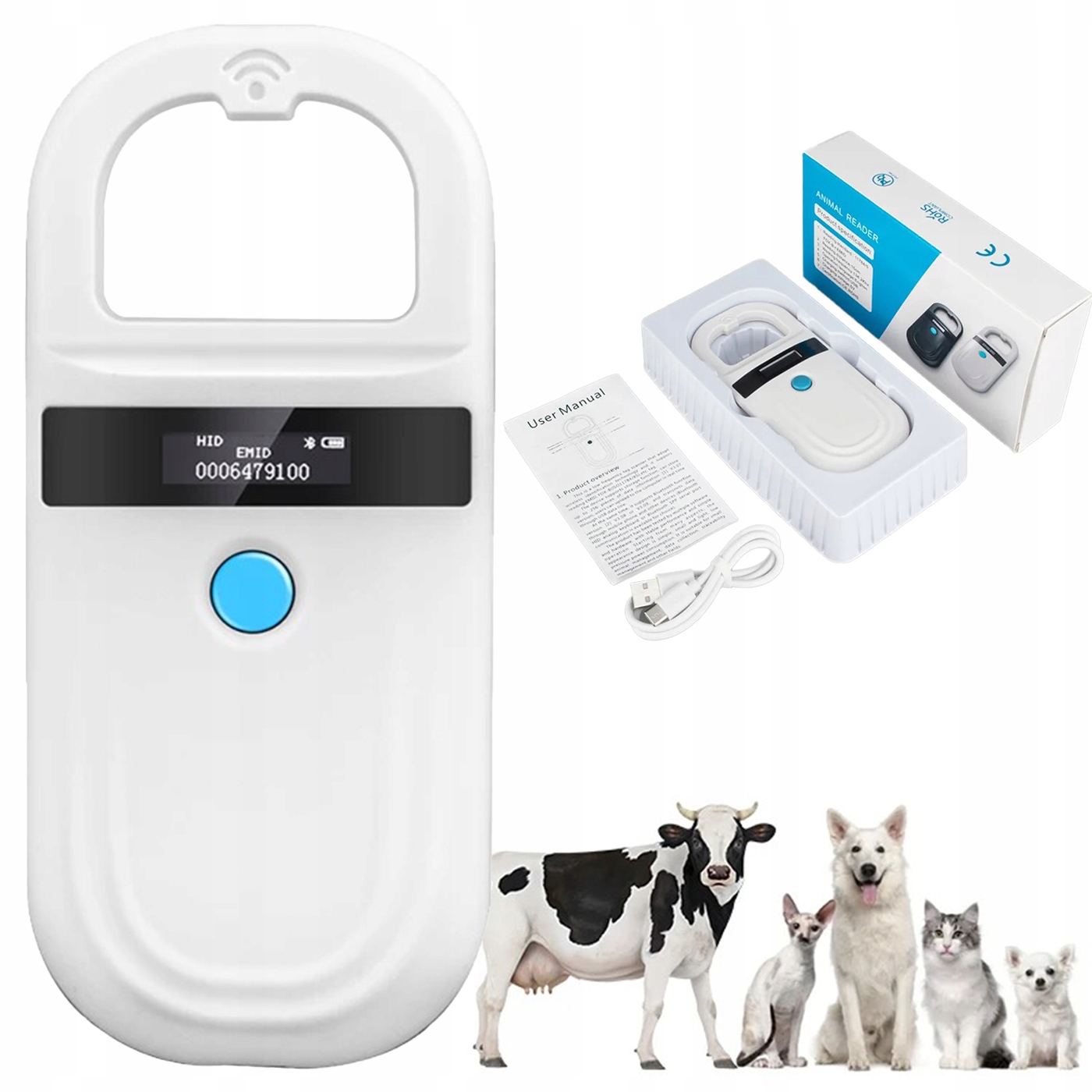 Čtečka mikročipů pro zvířata Rfid Bluetooth Skenování Fdx-b Iso Oled Usb