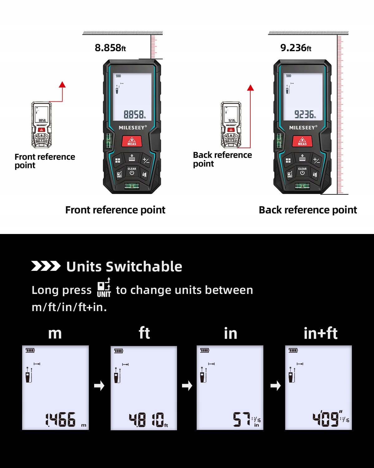 MiLESEEY Dalmierz Laserowy 50M LCD Dokładność 2mm Pomiar Powierzchni — miniatura 4