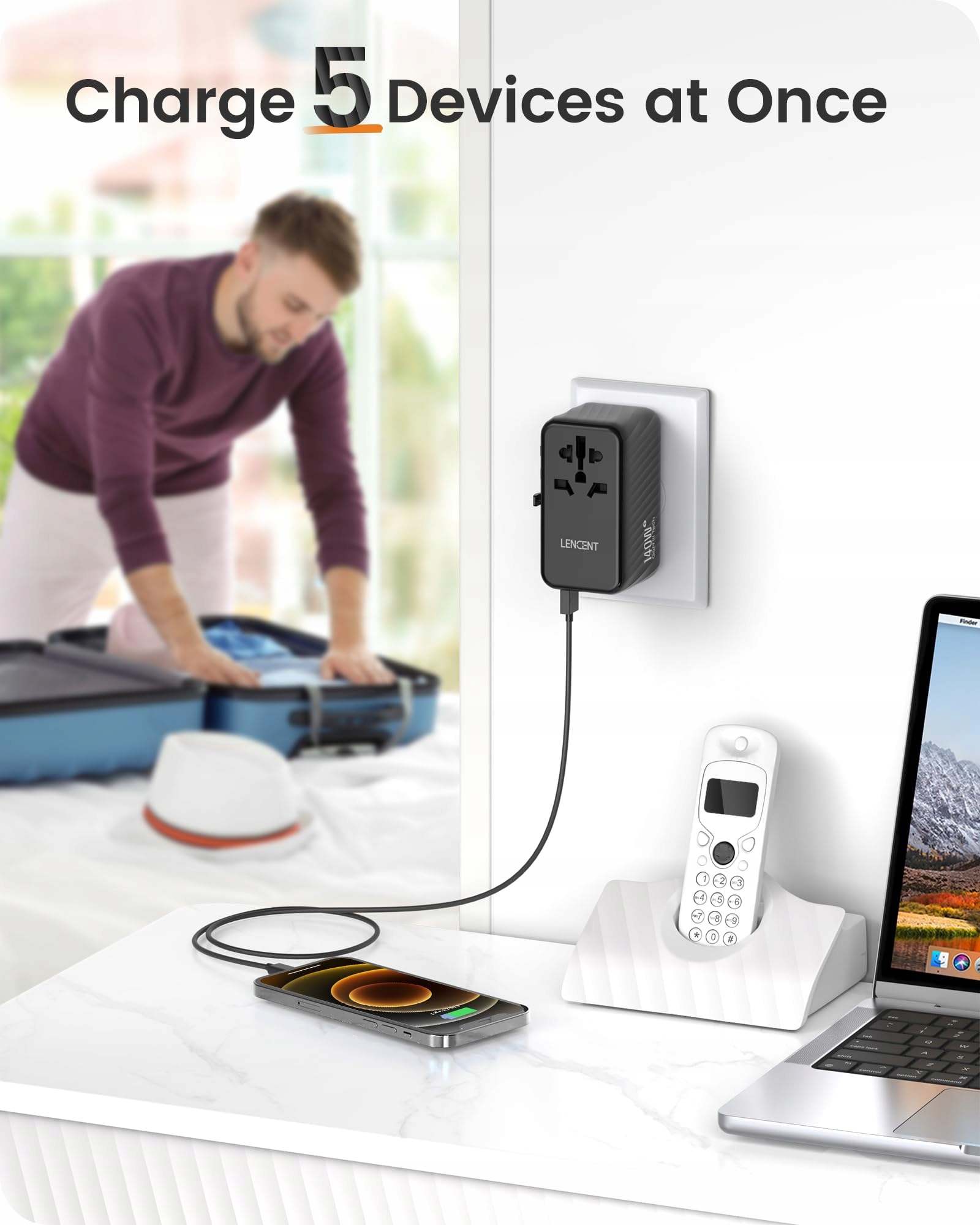 LENCENT Międzynarodowy adapter podróżny, 140 W GaN3, uniwersalny z 3 PD3.1 — miniatura 5
