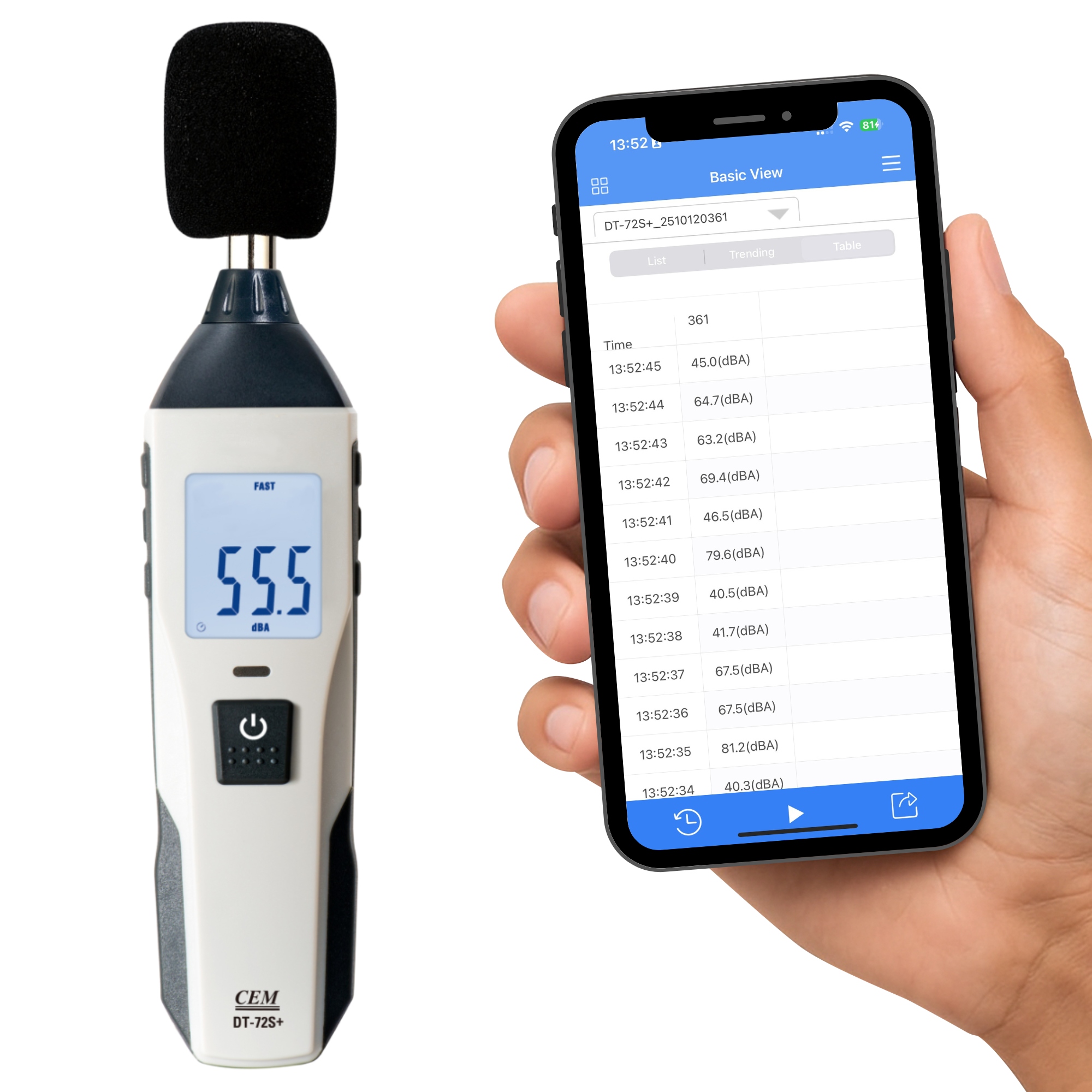Merač úrovne zvuku Sonometer DT-72S+ Bluetooth Správy Pdf Xls do 130 dB