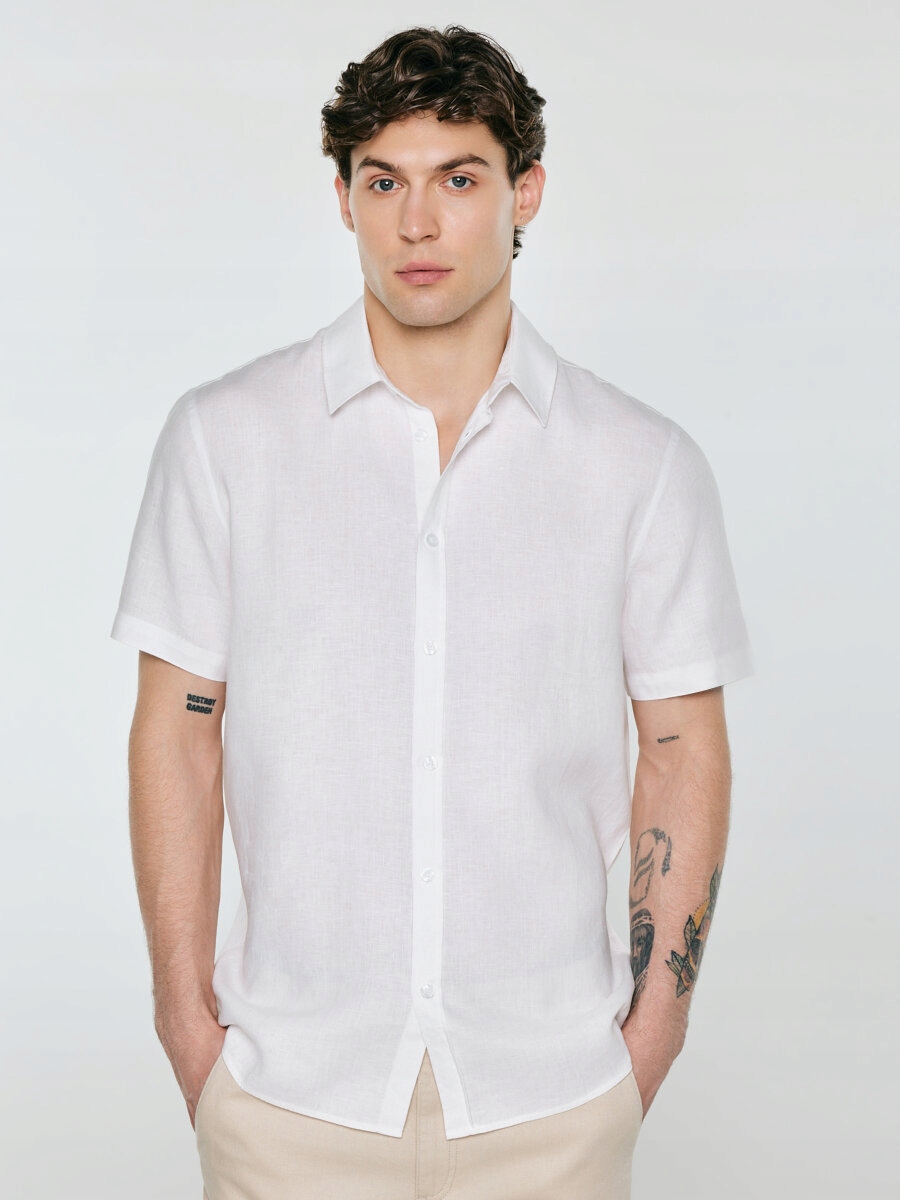 Big Star Lněná pánská košile s krátkým rukávem, bílá, Linerso 101 3XL