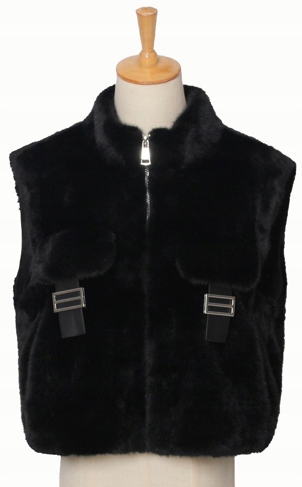 Dámská Vesta zimní lehká krátká kožešinová kožíšek s kapsami, černá