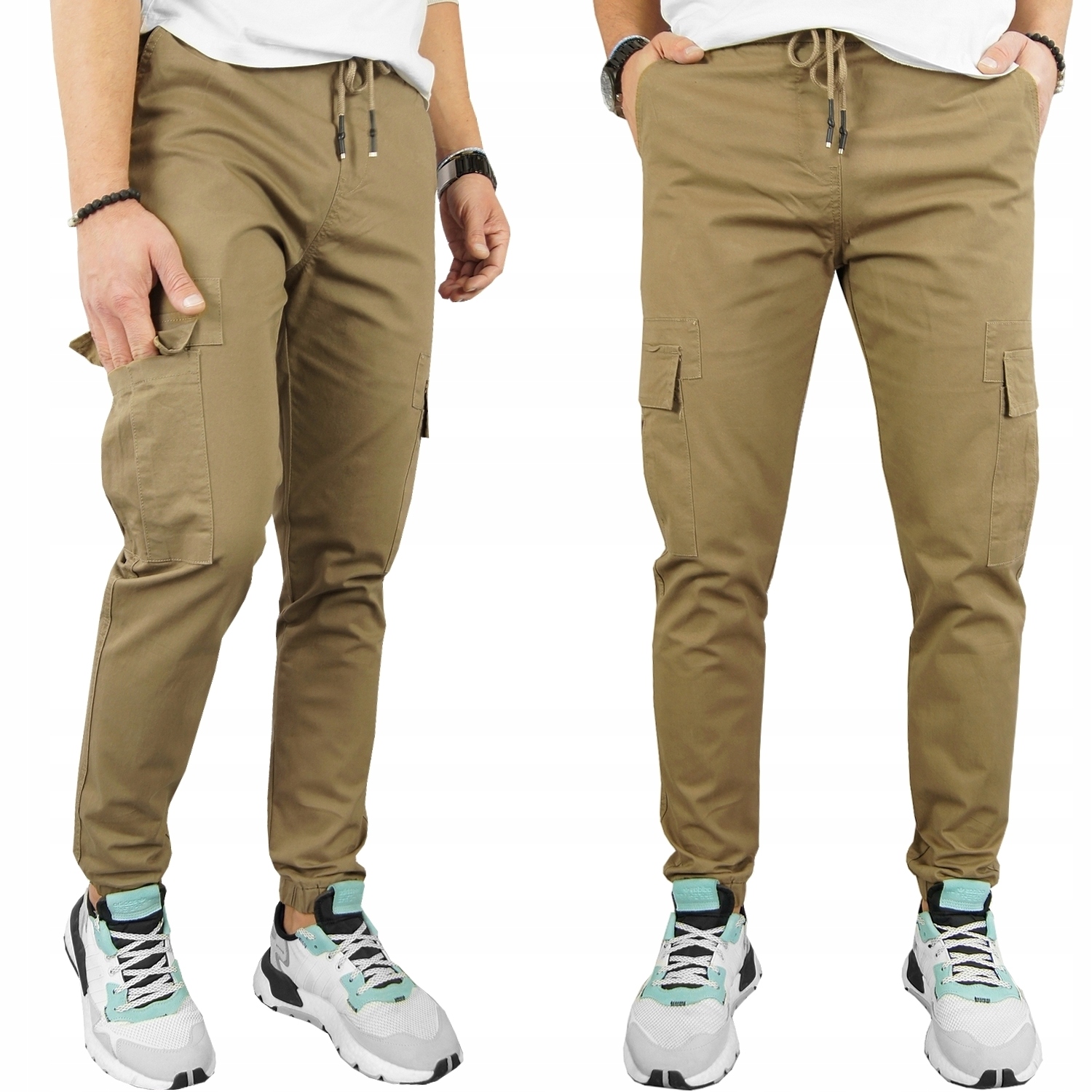 Męskie Spodnie Bojówki na gumce Beżowe Joggery rozciągliwe Kieszenie L