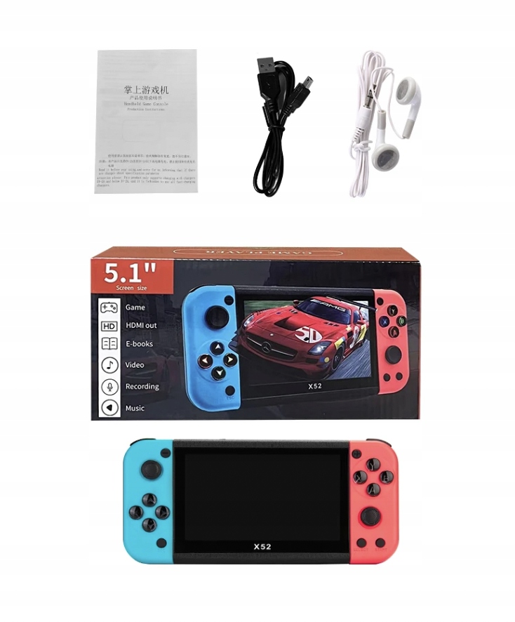 KONSOLA PRZENOŚNA DO GIER X52 DUŻO GIER 1000 MENU PO POLSKU 29 JĘZYKÓW Waga produktu z opakowaniem jednostkowym 0.4 kg