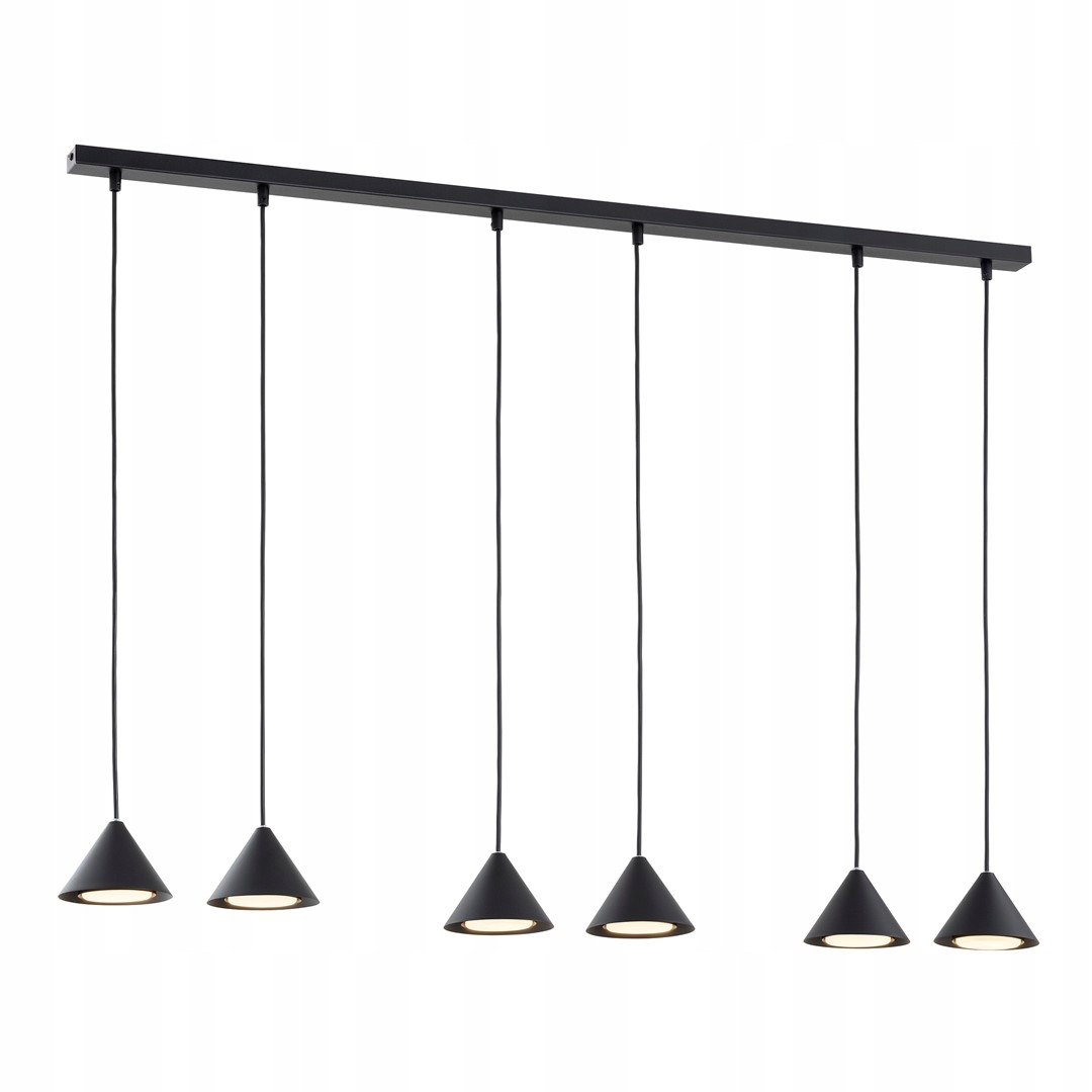 Závesná lampa čierna 6 kužeľov s lištou 116 cm nad stôl ostrov bar doska Emibig
