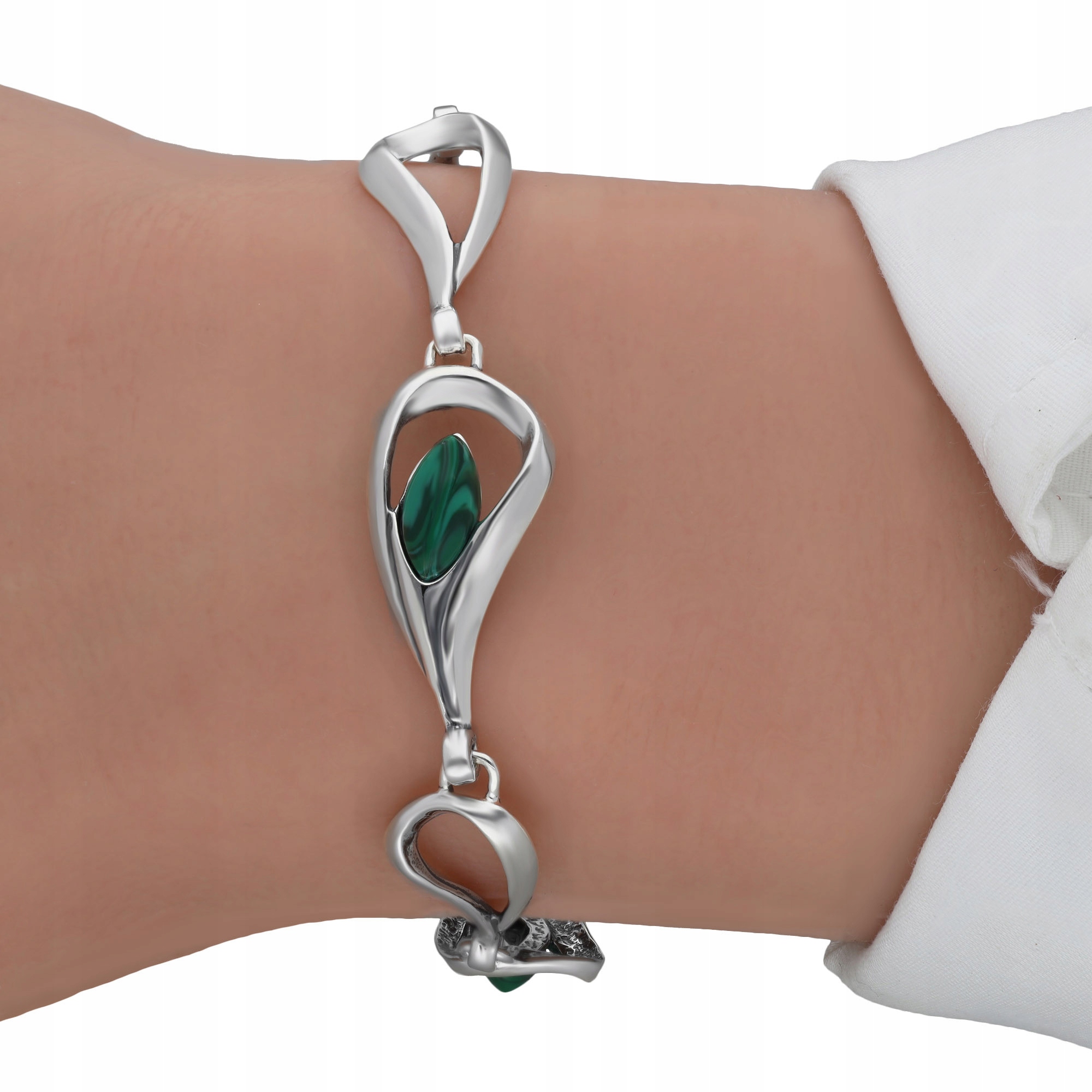 Stříbrný Náramek Oxidovaný Zeleným Malachitem