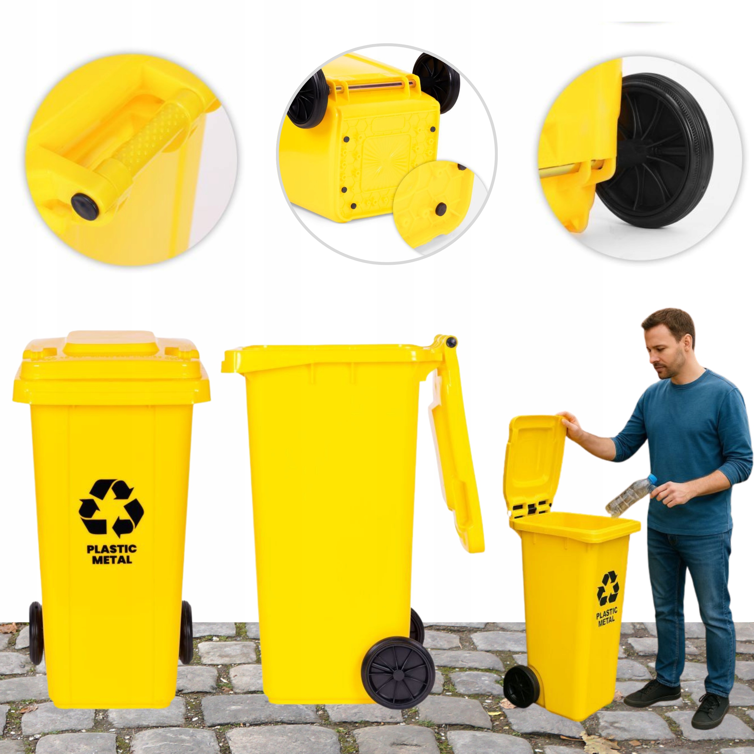 Kosz Żółty Do Segregacji Śmieci 120L Plastik Kubeł Śmietnik Pokrywa Koła