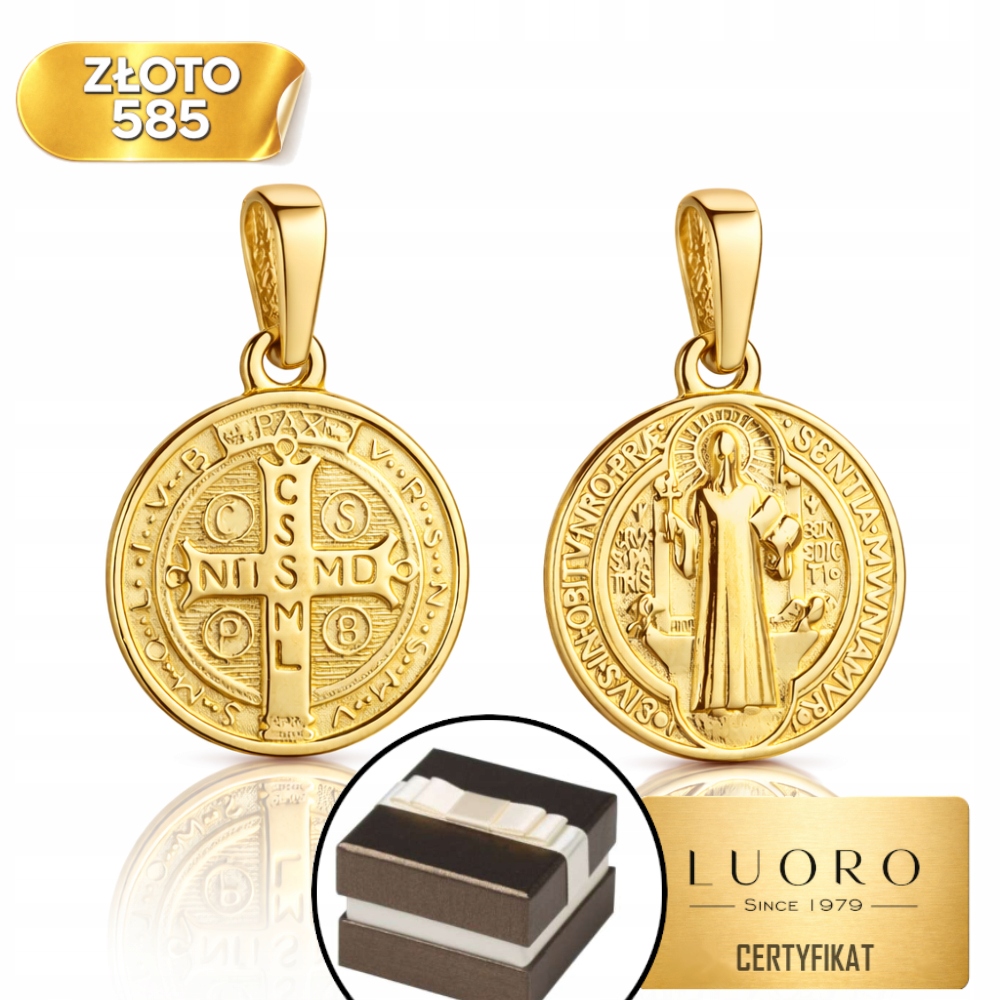 Zlatý Medailon 585 14K Svatý Benedikt 20 MM Žluté Zlato Dárek