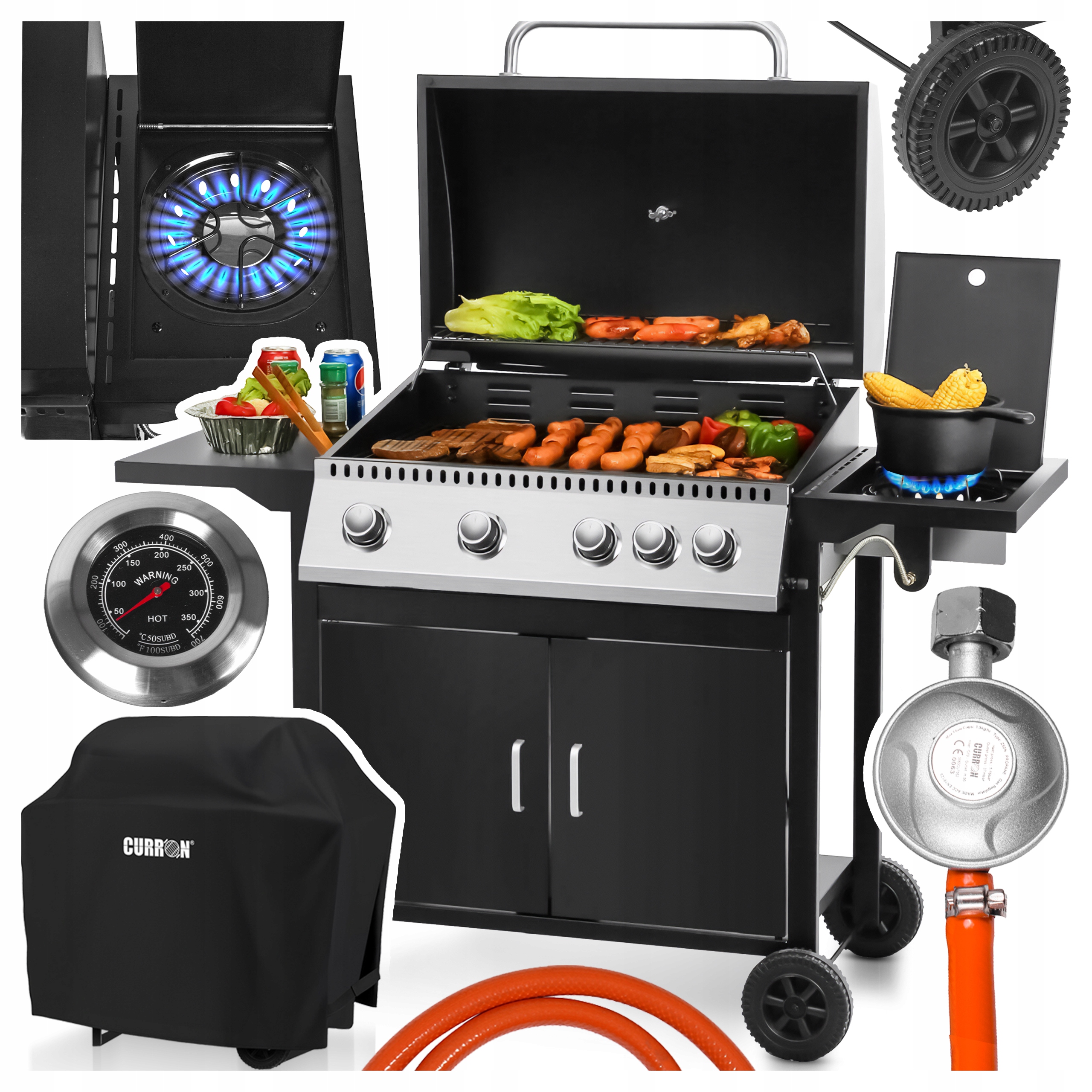 Zahradní Plynový Gril 4+1 S Víkem, Velký Nerezový Rošt, Kolečka, Obal