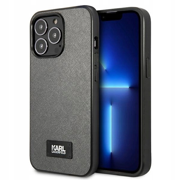 Pouzdro Karl Lagerfeld Saffiano Plaque pro iPhone 13 Pro Max 6,7" stříbrné