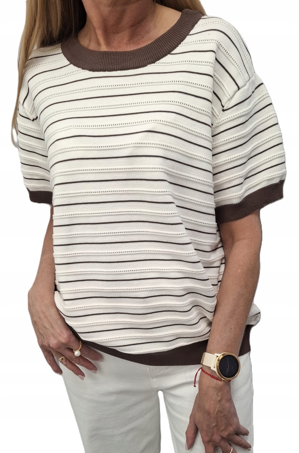 Cocomore Svetr Ažurová halenka s pruhy Bílá Hnědá Novinka