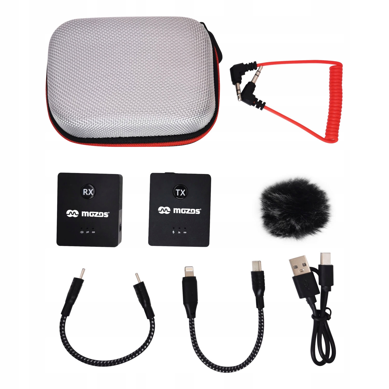 MIKROFON BEZPRZEWODOWY DO TELEFONU IOS IPHONE LIGHTING KRAWATOWY MIKROPORT Załączone wyposażenie Przewód USB-C, Adapter Lighting IOS, Gąbka