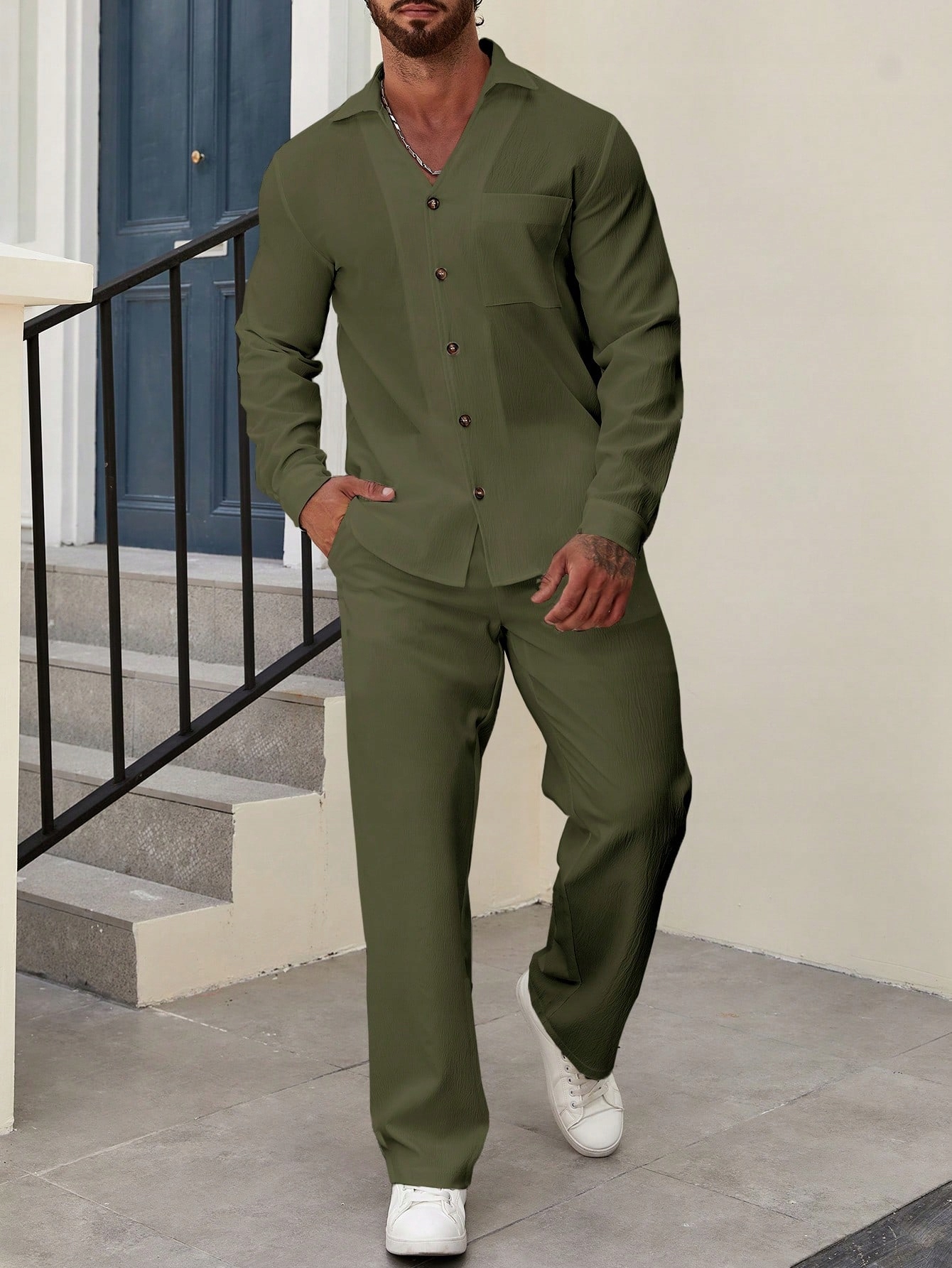 Pánský Komplet Casual Zelená Košile Kalhoty Shein XL