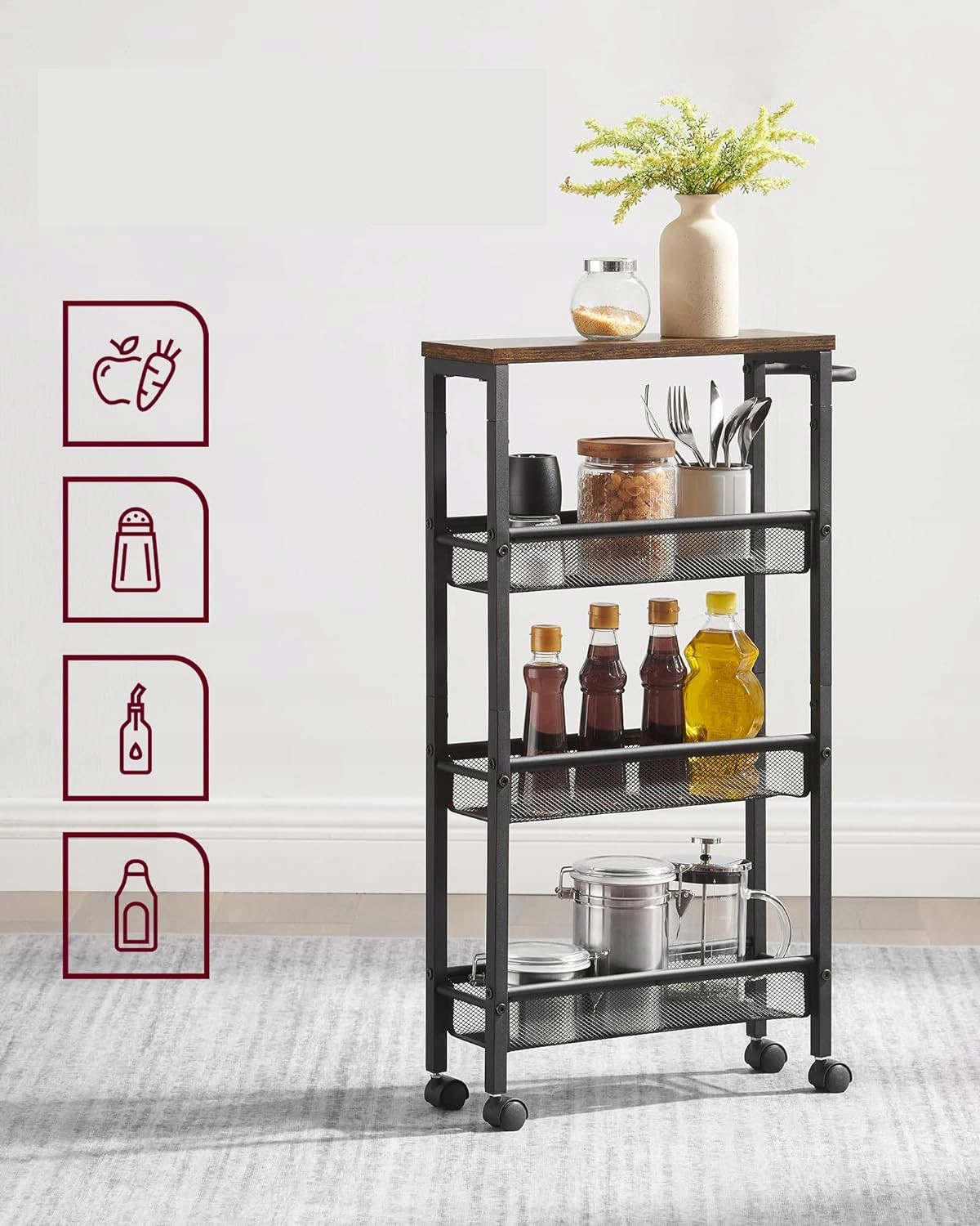 WÓZEK KUCHENNY REGAŁ NA KÓŁKACH 4 PÓŁKI SZAFKA Z UCHWYTEM MOBILNY WĄSKI Marka inna