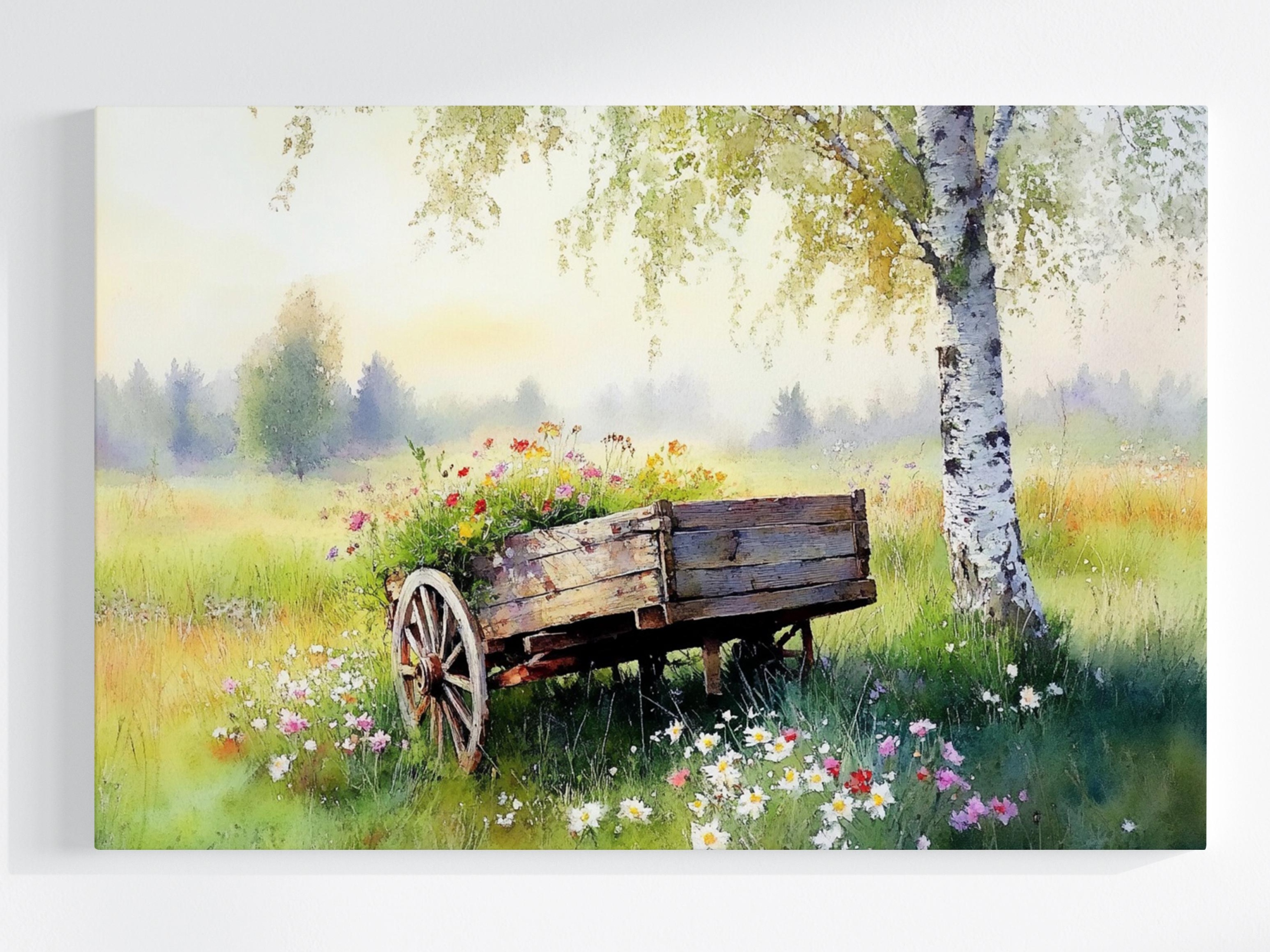 Obraz Na Plátně Canvas Krajina Dřevo Bříza Dřevěný Vůz Květiny 120x80