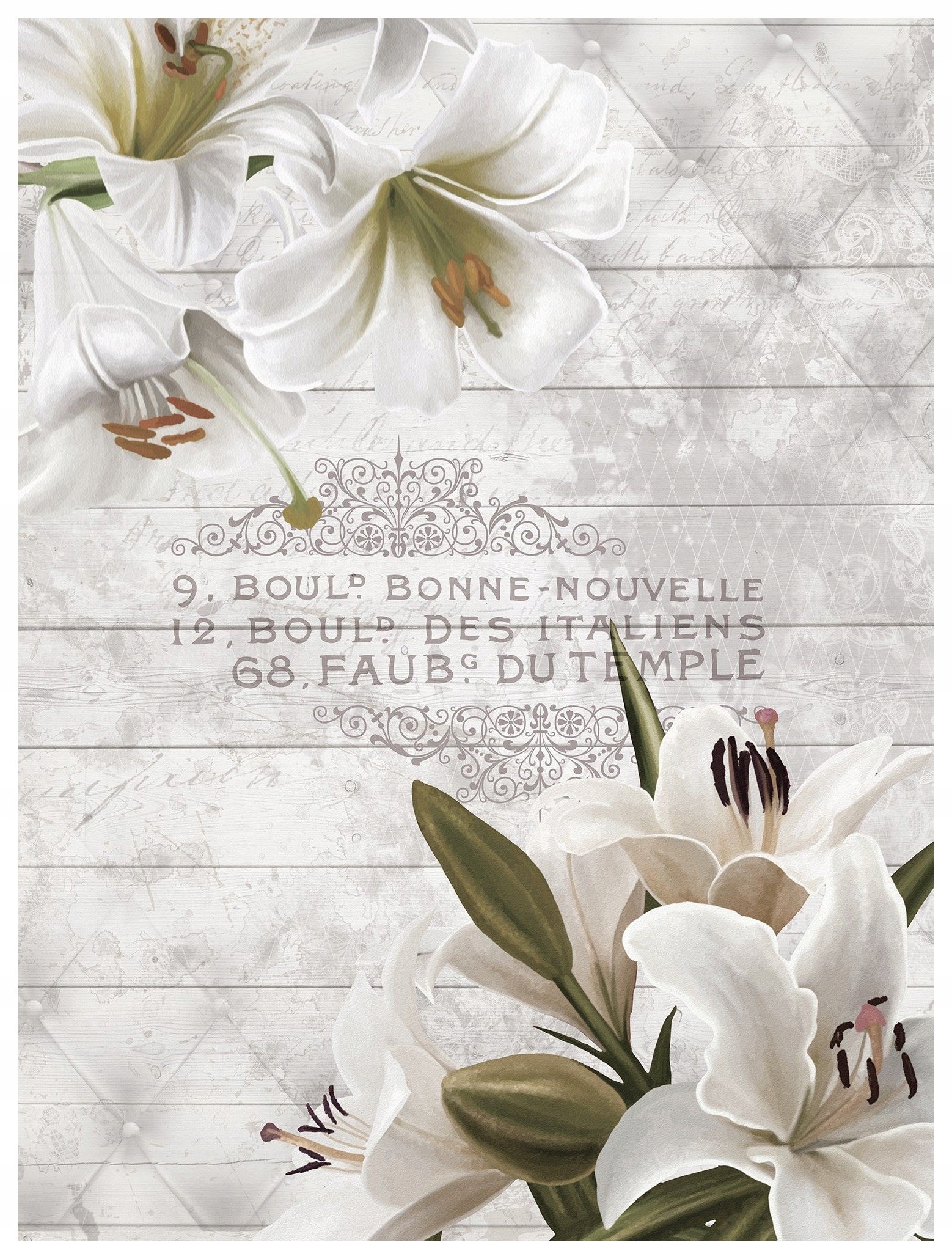 Fototapeta Francouzské lilie Elegance bílé na dřevě 206x275 lepidlo