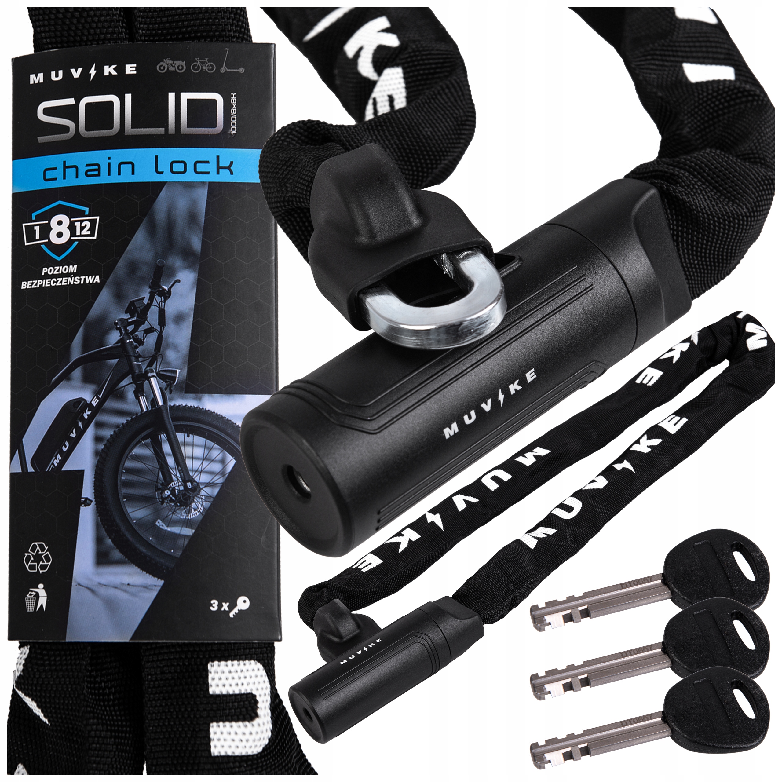 Zapięcie Rowerowe Łańcuch 100cm 8x8mm Na Klucz Mocny Muvike Solid 1000/8x8K