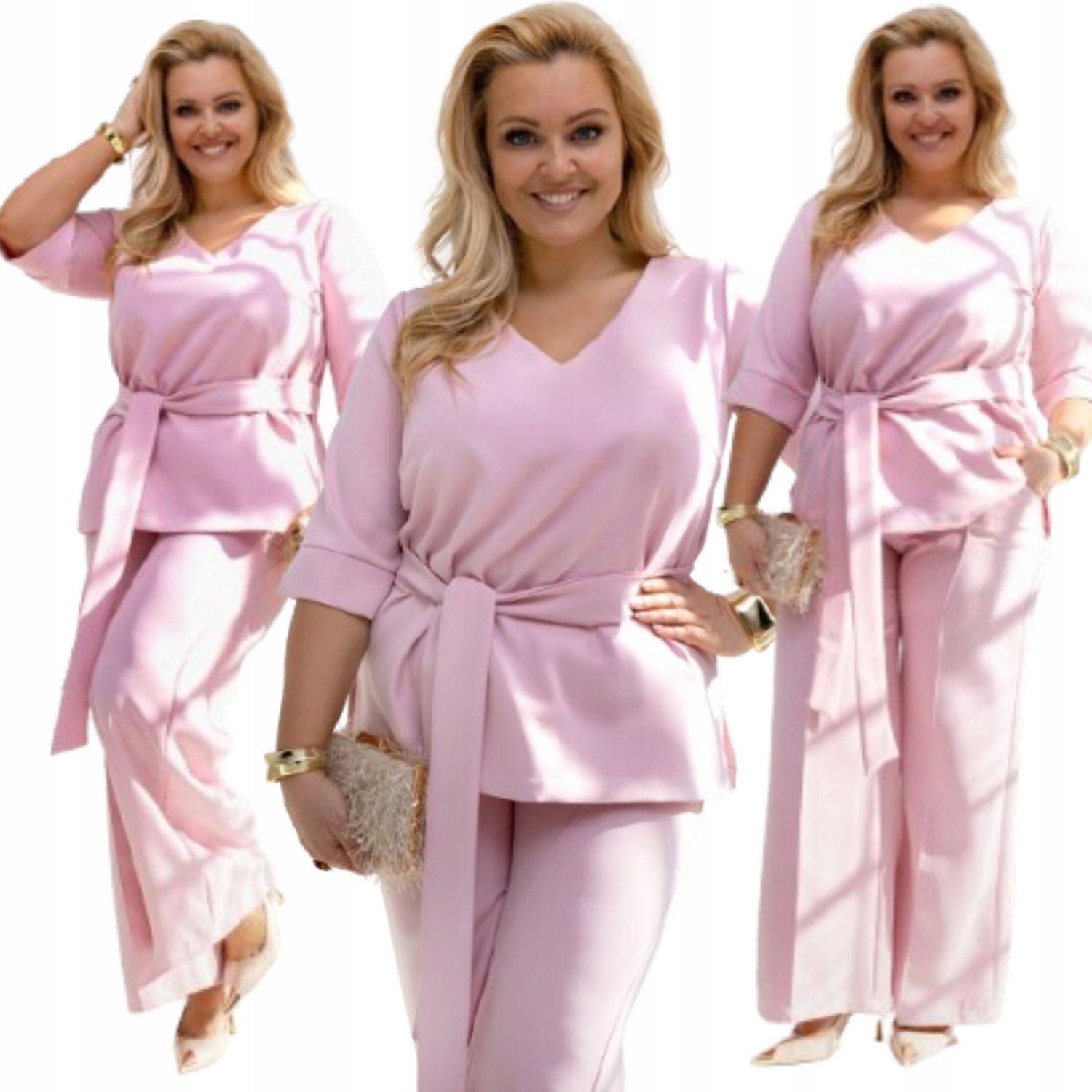 Komplet Damski Wizytowy Plus Size Spodnie Bluzka Różowy 48