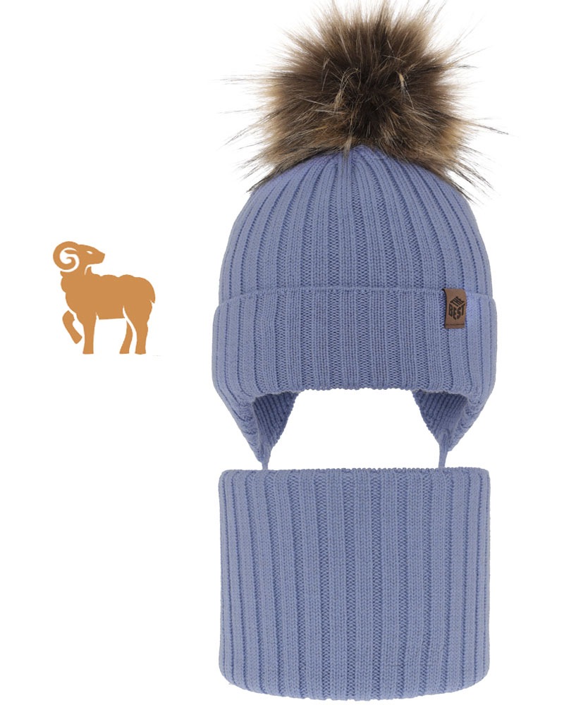 Niebieski Ciepł komplet zimowy Czapka wiązana Komin 52-54 Wełna Merino 3-8l