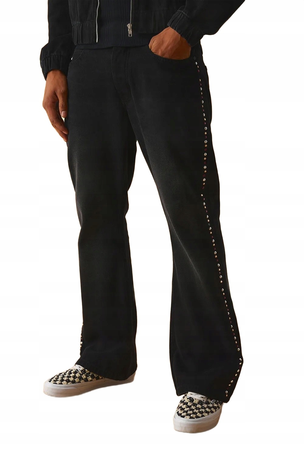 Boohooman Černé Pánské Džíny S Cvočky Na Bocích, Rovné, 28 Z3A