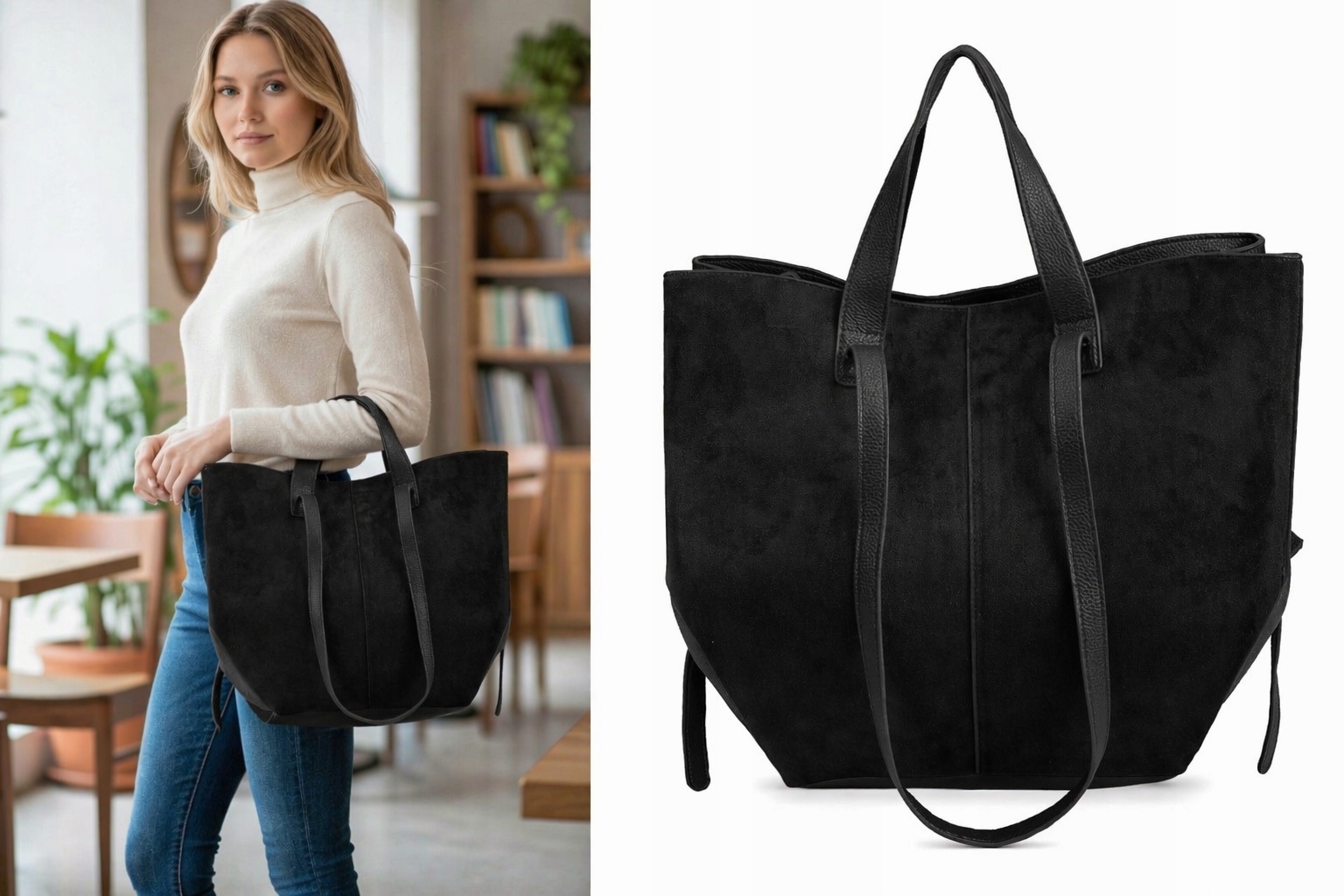 Gallantry Torebka damska Casual na ramię Shopper Czarna Duża A4 Zamsz