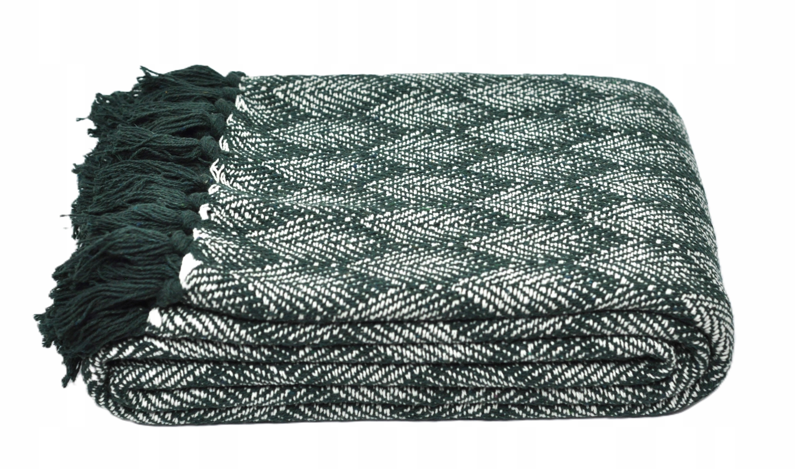 Koc bawełniany narzuta pled 150x200 butelkowa zieleń liście natura frędzle