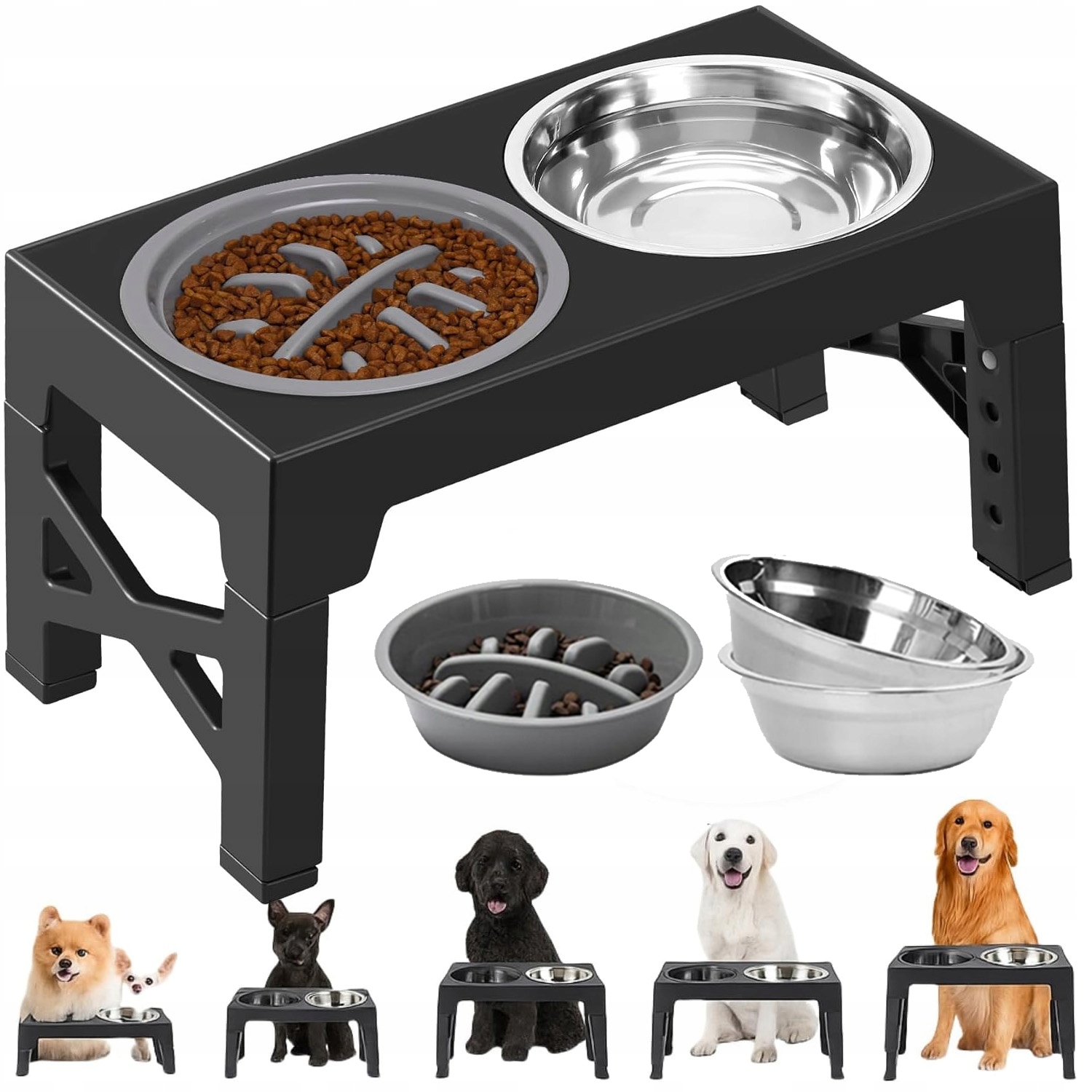 Levně Dvojitá Miska Pro Kočky Na Stojanu Na Krmivo Vodu Nastavitelná Výška Pevná