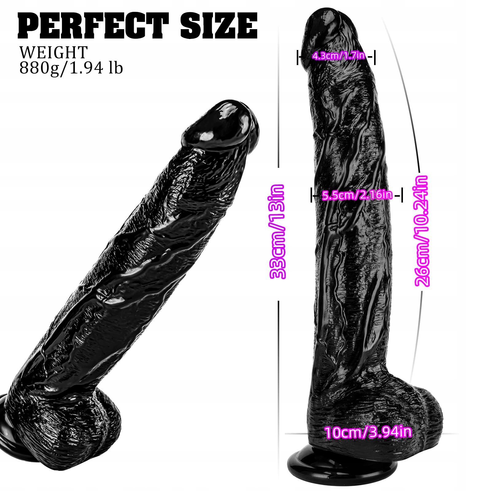 REALISTISCHER Dildo 33cm Silikonowy Dildo Z Żyłami i Jądrami Czarny — miniatura 2