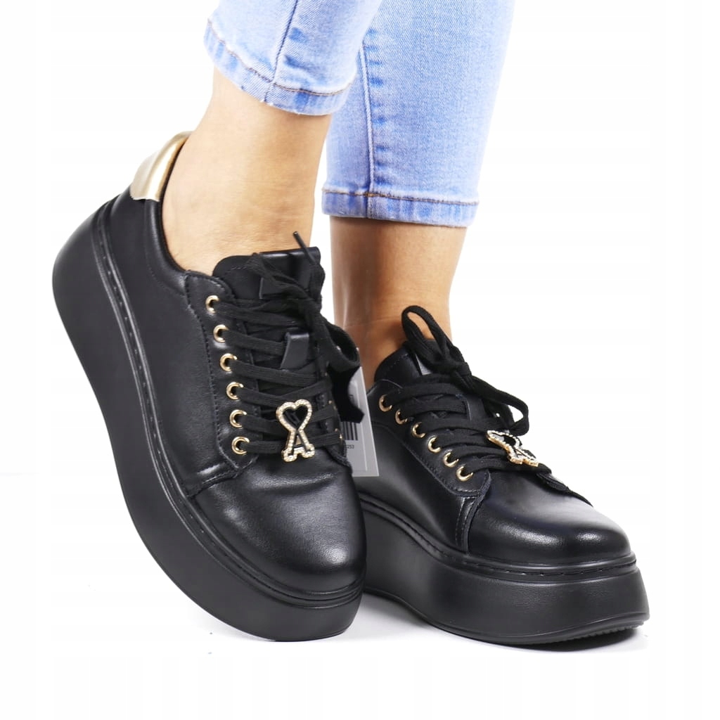 Dámské Kožené Tenisky S Módními Polobotky Na Silné Podrážce, Černé