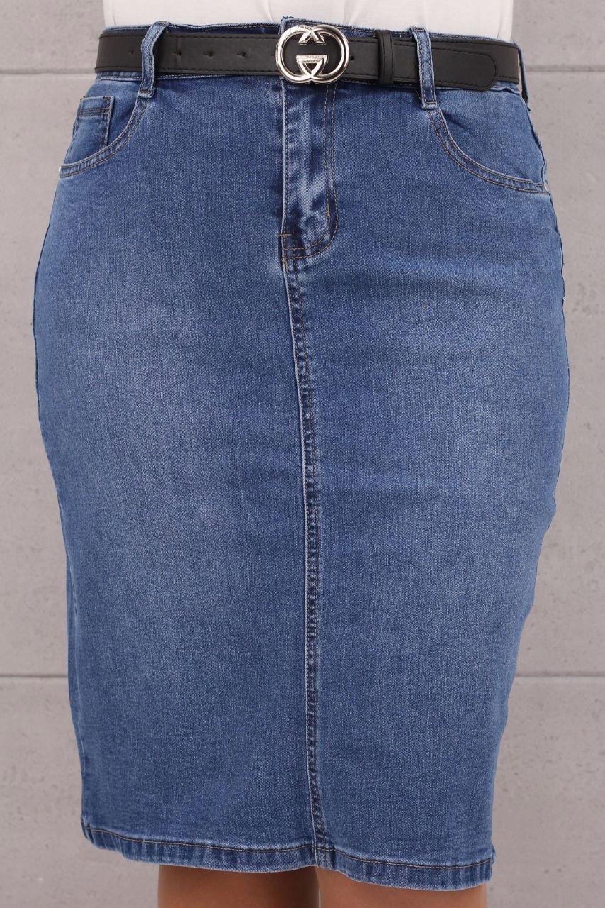 OŁÓWKOWA SPÓDNICA JEANS PASEK GRATIS Z ROZCIĘCIEM DUŻE ROZMIARY Płeć kobieta