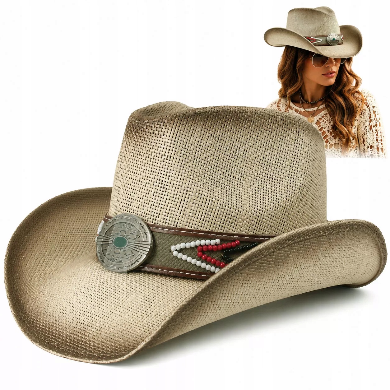 Dámský kovbojský klobouk R253B Ecru Pilotní brýle Sada Western Boho