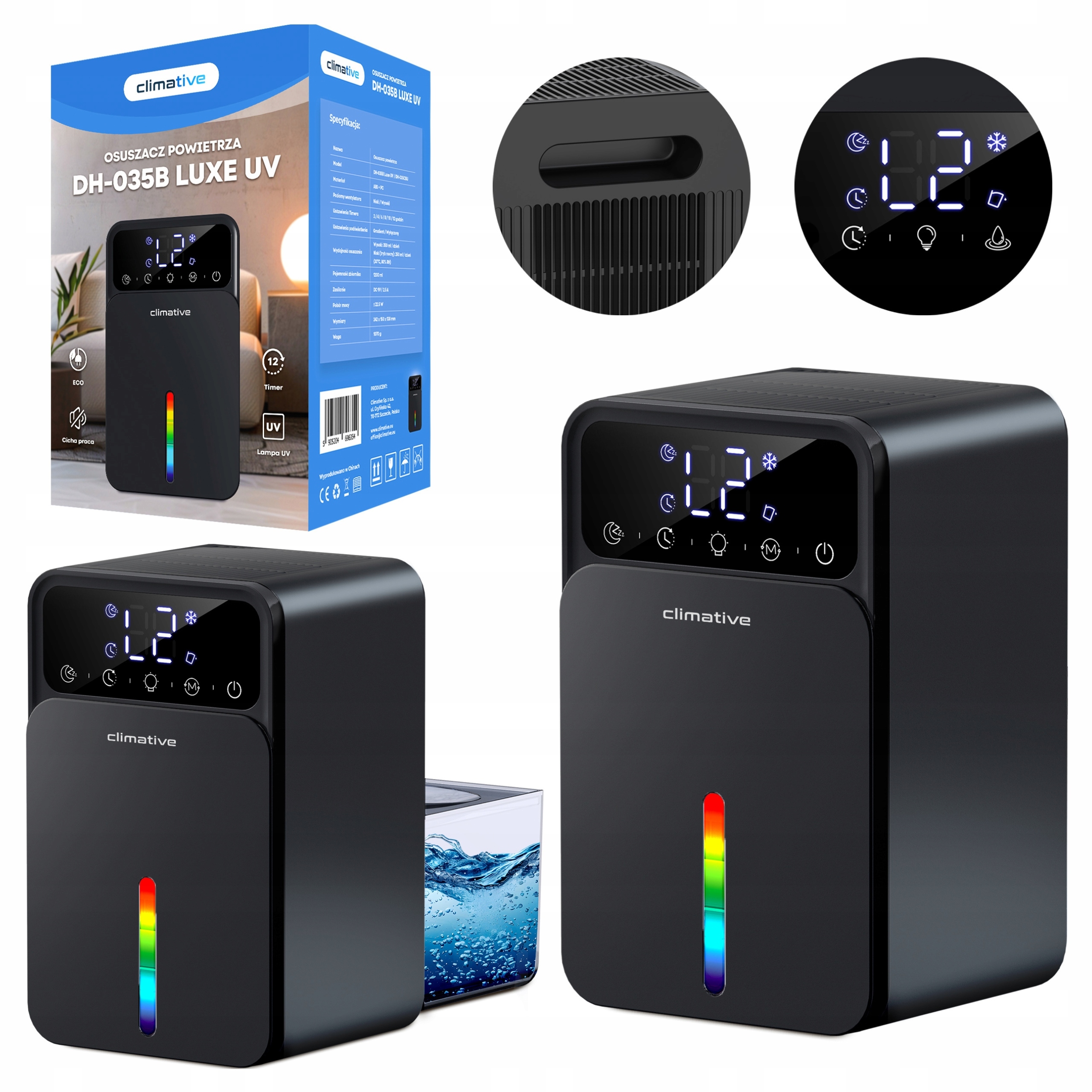 Tichý pohlcovač vlhkosti 1200 ML Odvlhčovač vzduchu Luxe Uv Výkonný černý