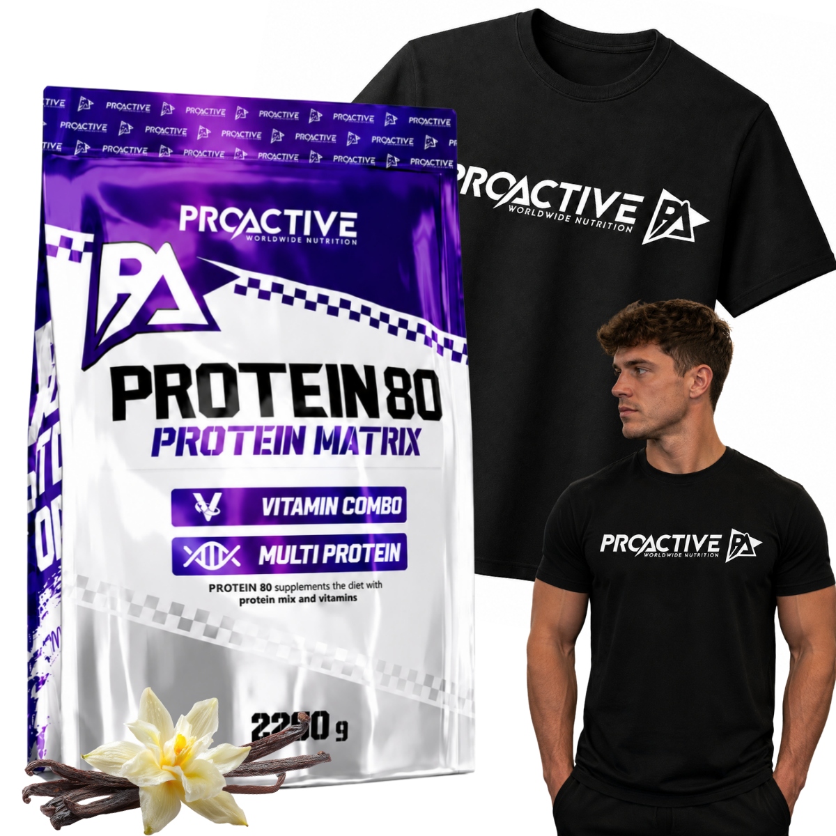 Set Bílkovina ProActive 80 2250 Vanilka Tričko Černá vel. L