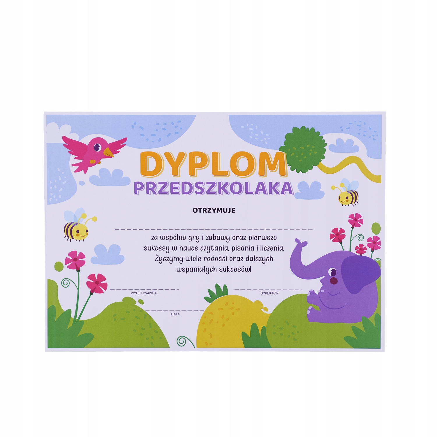 DYPLOM PRZEDSZKOLAKA WSZYSTKIE GRUPY WESOŁY FIOLETOWY SLONIK PAKIET 10SZT.
