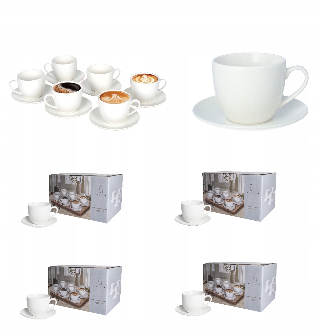 24 x Biele Šálky S Podšálkami 250 ml Na Kávu Veľké Porcelán Livello