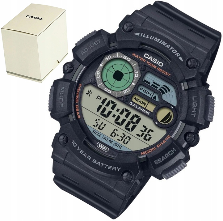 Sportovní Hodinky Casio WS-1500H-1AVEF 100 M Pro Rybáře Ve Fázi Měsíce Krabička