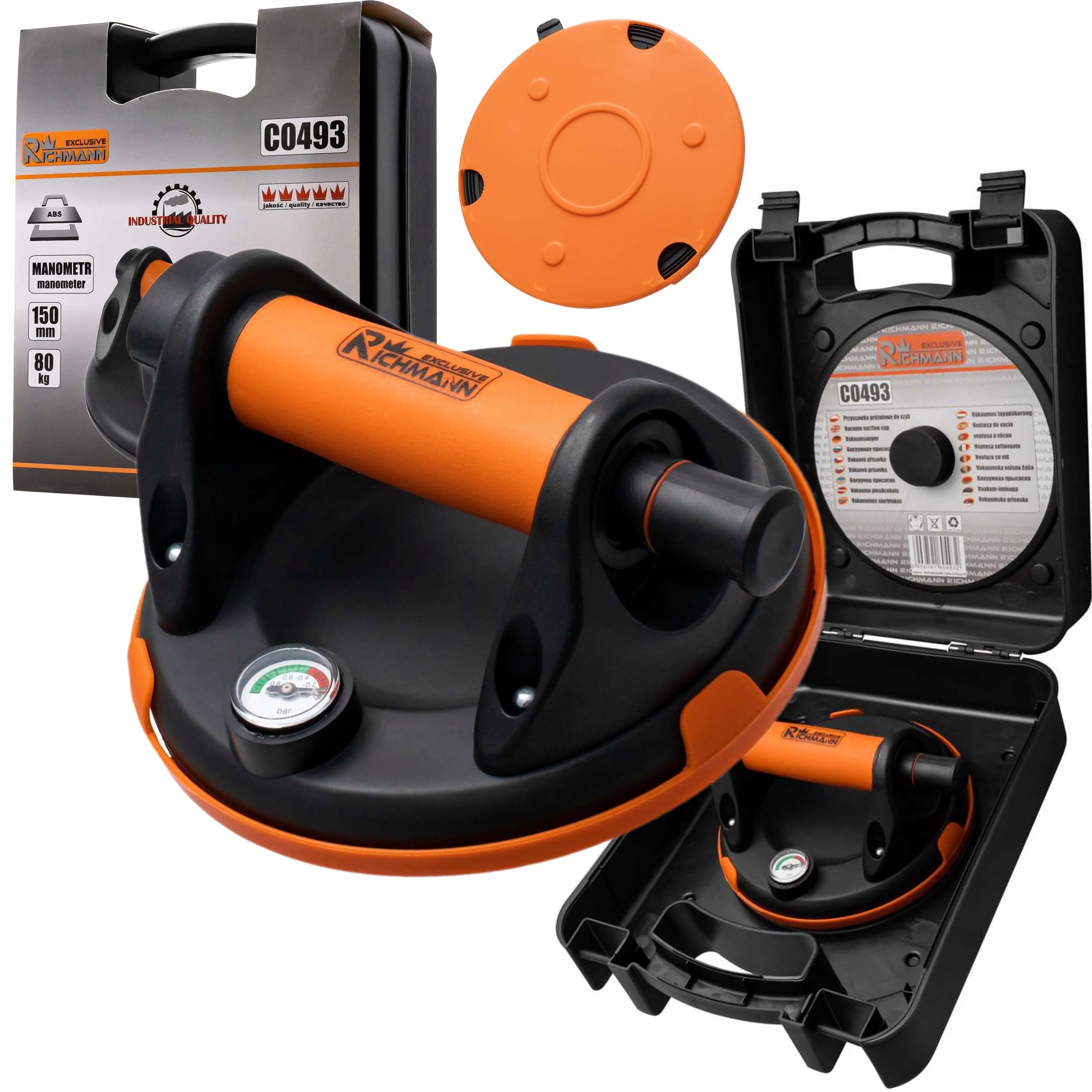 RICHMANN PRZYSSAWKA PRÓŻNIOWA Z POMPKĄ MANOMETREM DO SZYB GRESU 80KG 150mm