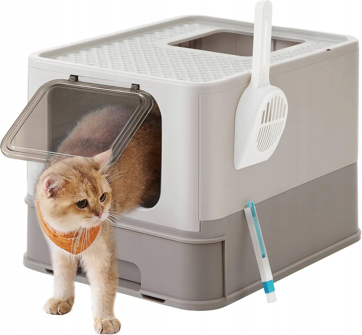 toaleta pro kočky Feandrea s víkem šuplík 15 kg, teple šedá, skládací