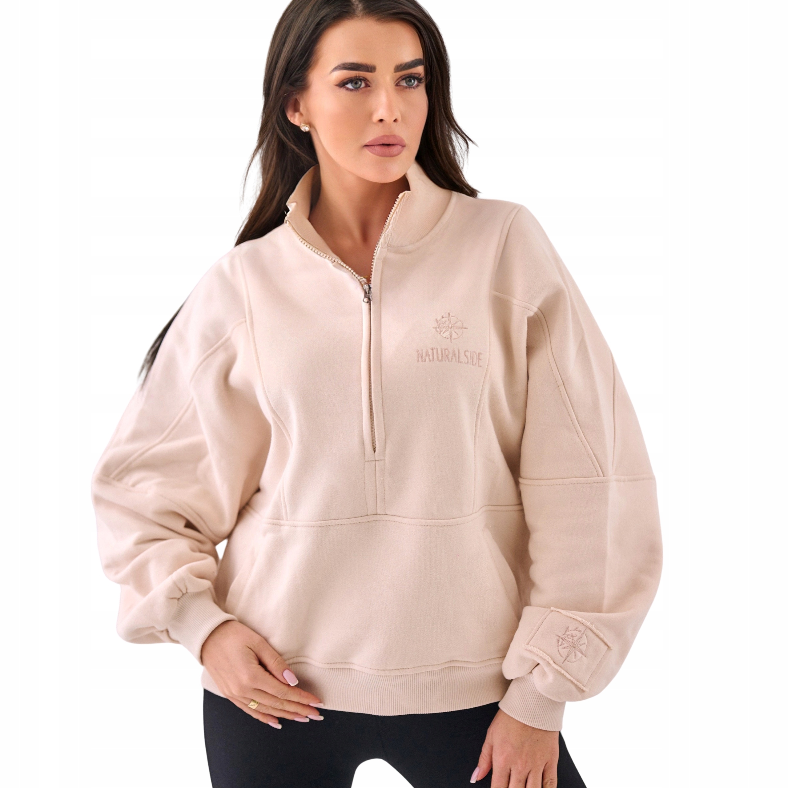 Mikina typu teplákovka s volným stojáčkem a prošíváním Premium béžová XL/XXL